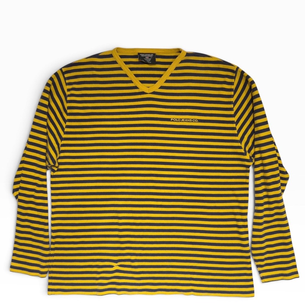 Polo Jeans Co Ralph Lauren Shirt Men XL Yellow Navy Stripe V Neck Vintage Y2K
